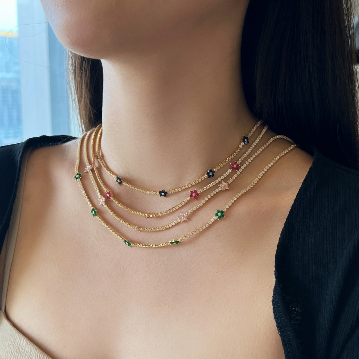 [Olivia Jewelry]Luxurious Colorful Flower Tennis Necklace