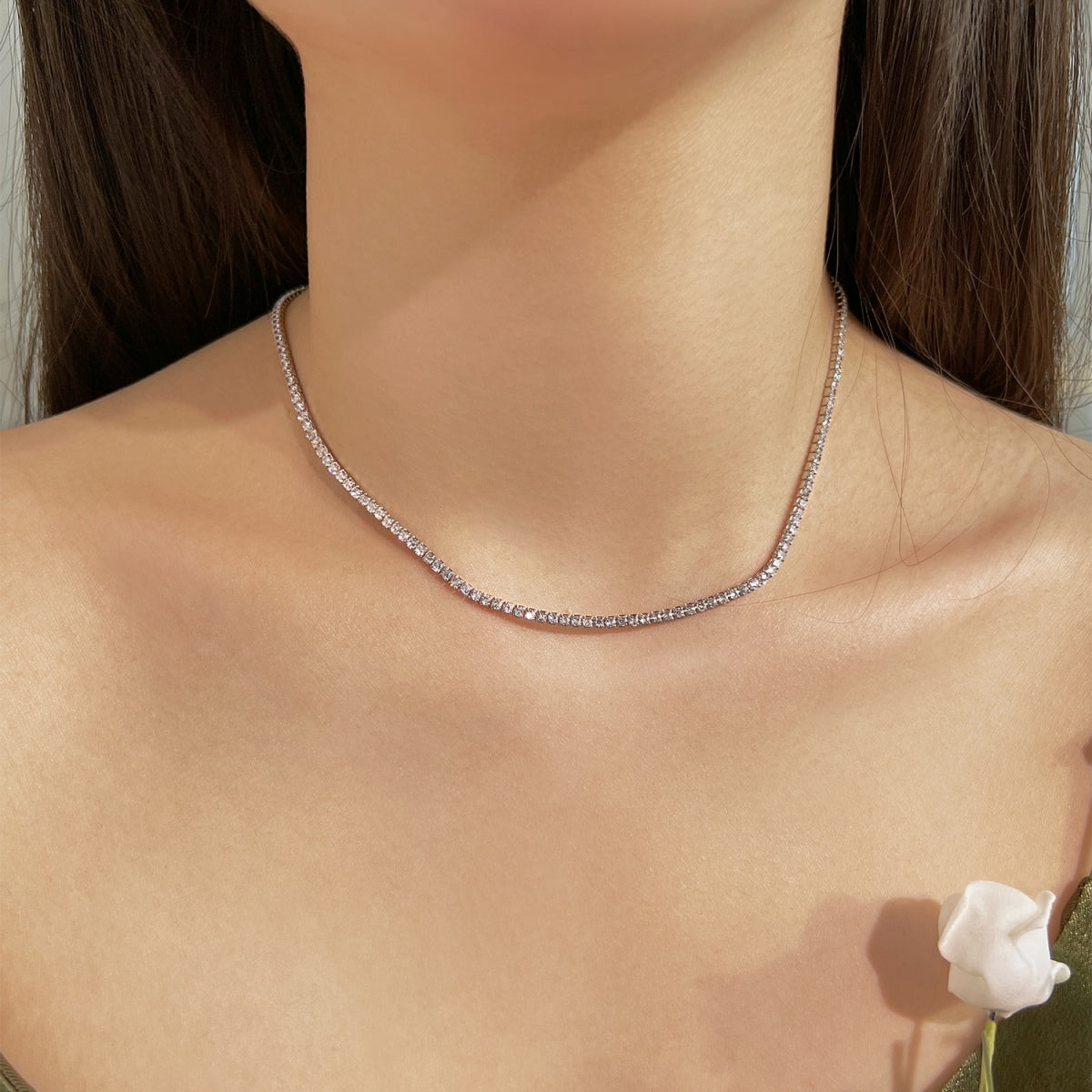 [Olivia Jewelry]Delicate Round Shape Tennis Necklace