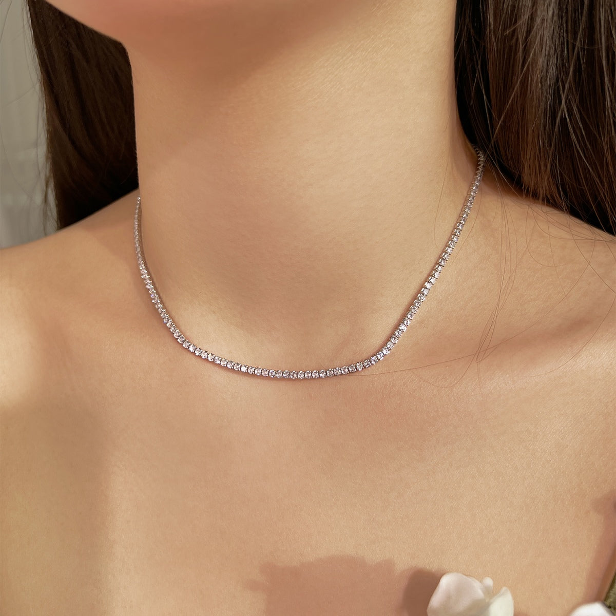 [Olivia Jewelry]Delicate Round Shape Tennis Necklace