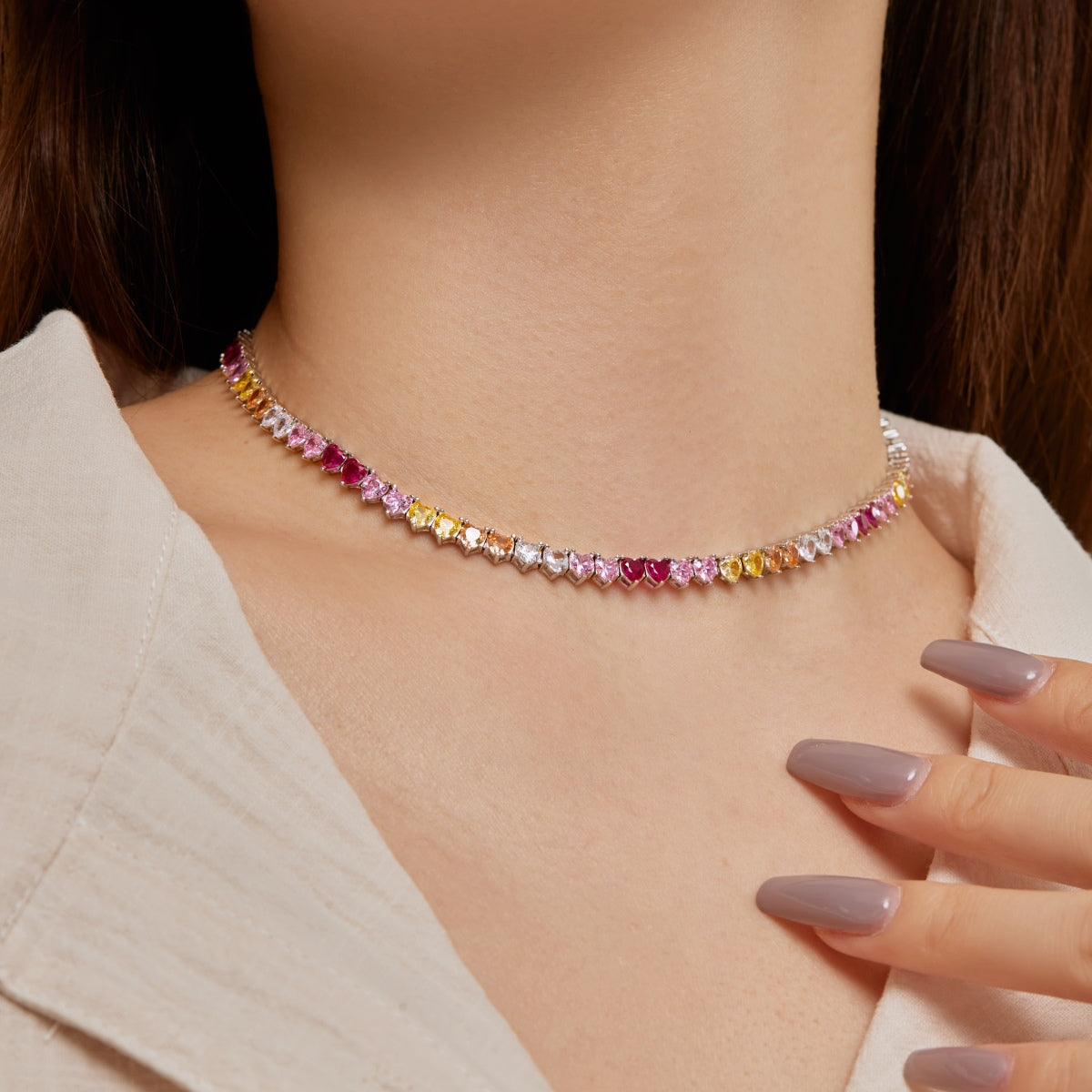 [Olivia Jewelry]Sparkling Colorful Full Heart Tennis Necklace