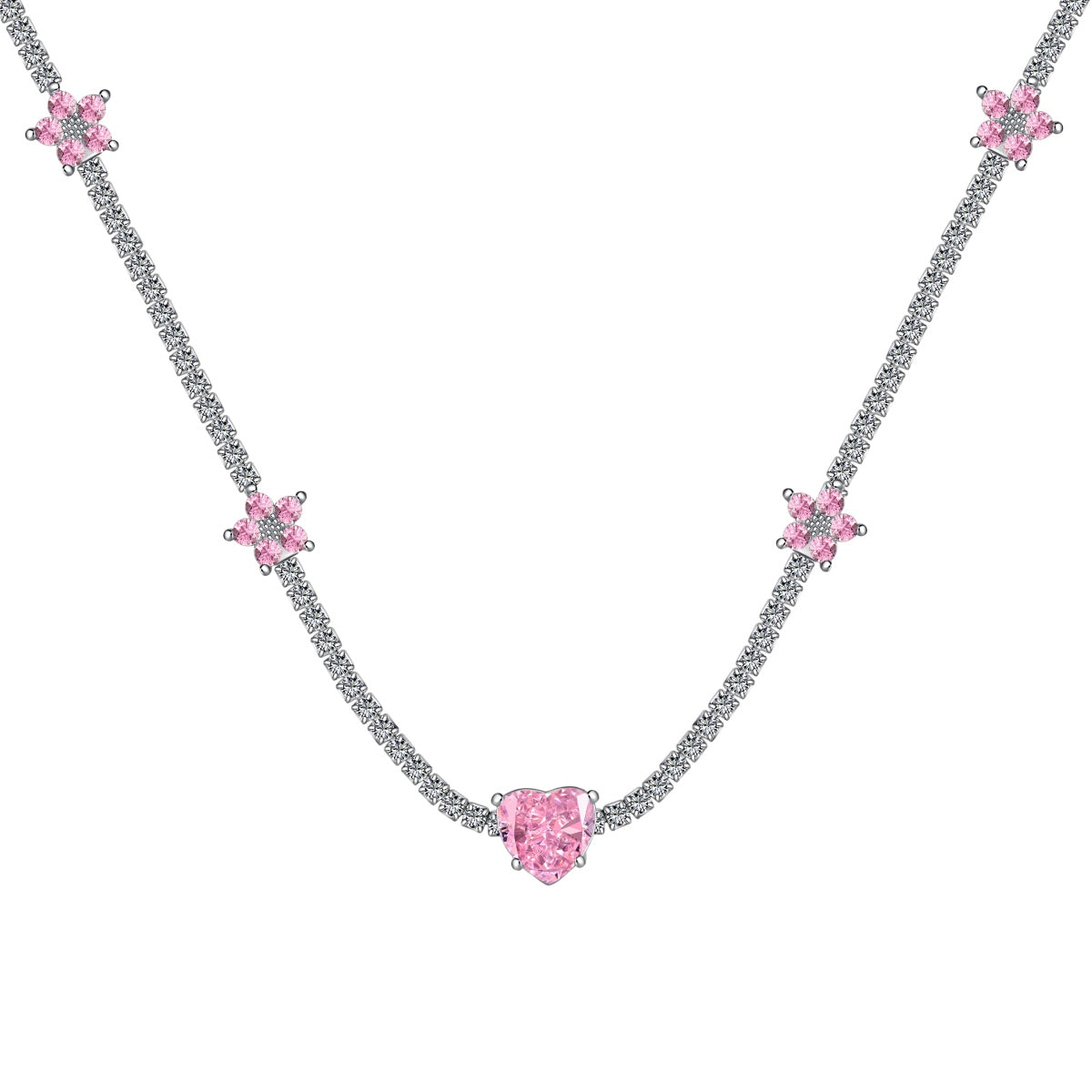 [Olivia Jewelry]Dazzling Pink Heart Flower Necklace