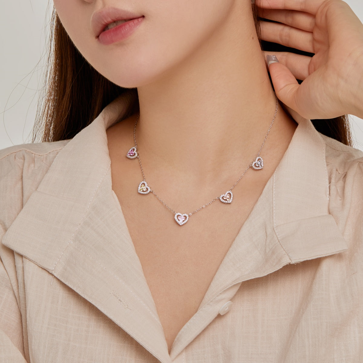 [Olivia Jewelry]Sparkling Five Heart Necklace