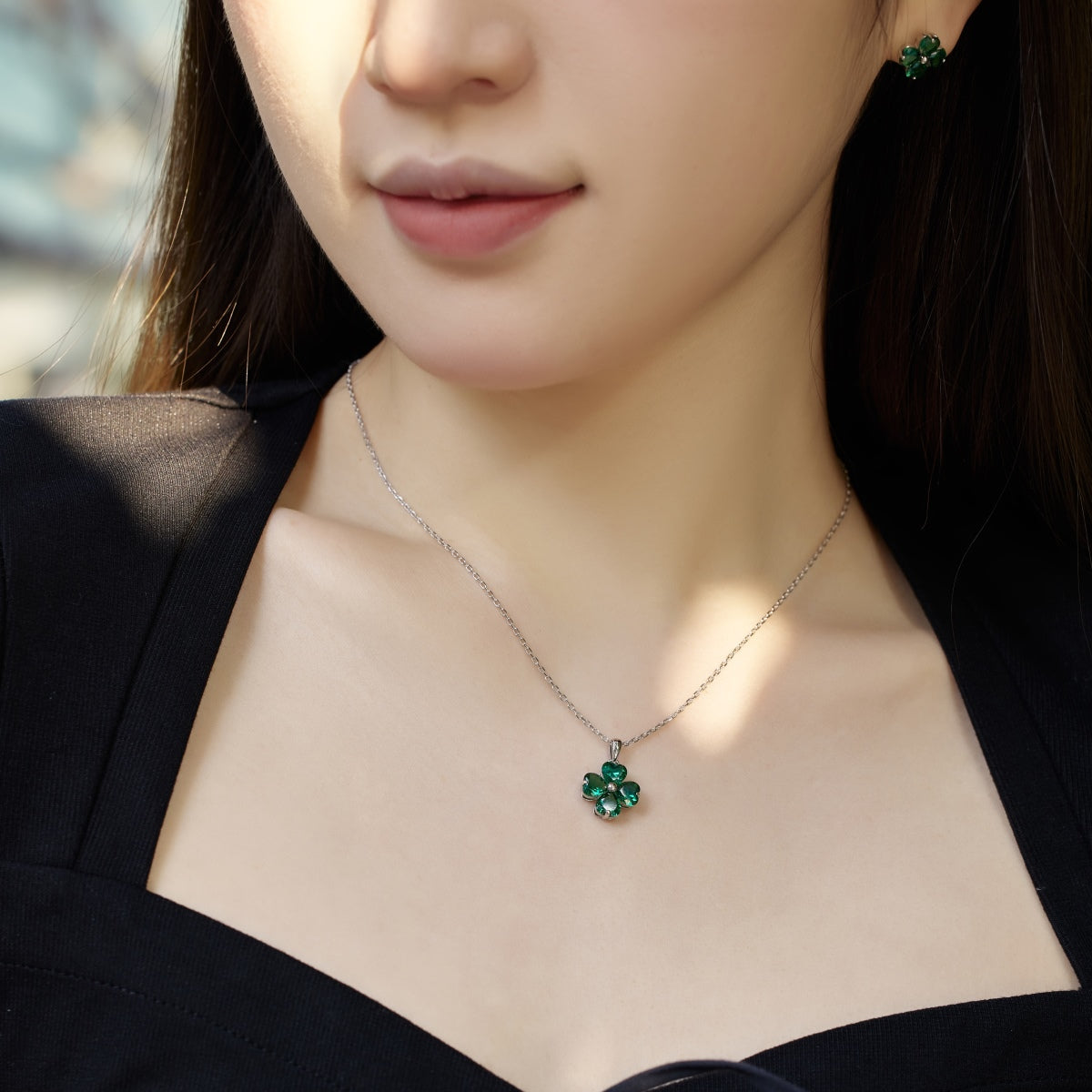 [Olivia Jewelry]Heart-Shaped Four-Leaf Clover Bead Necklace