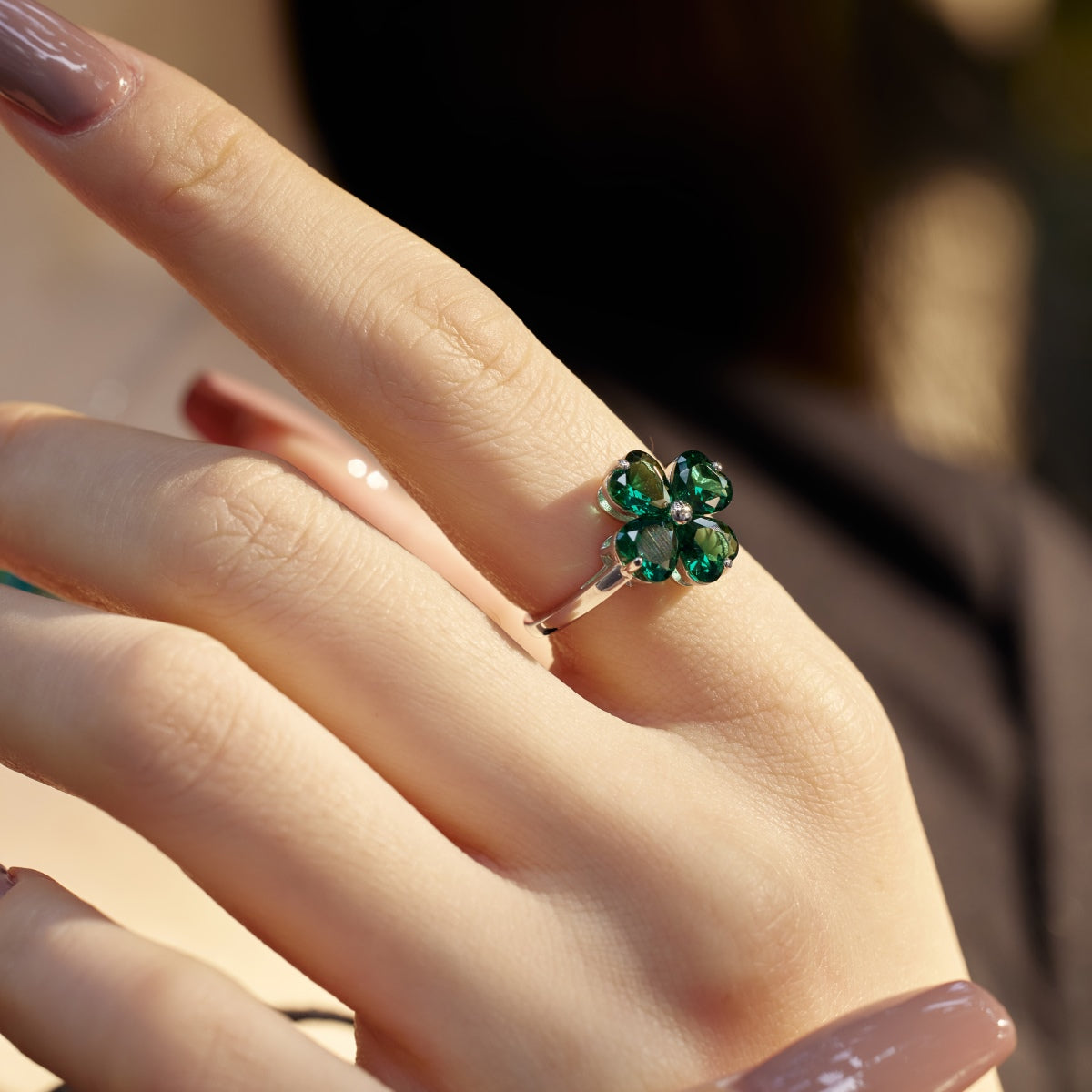 [Olivia Jewelry]Heart-shaped Four-Leaf Clover Ball Ring