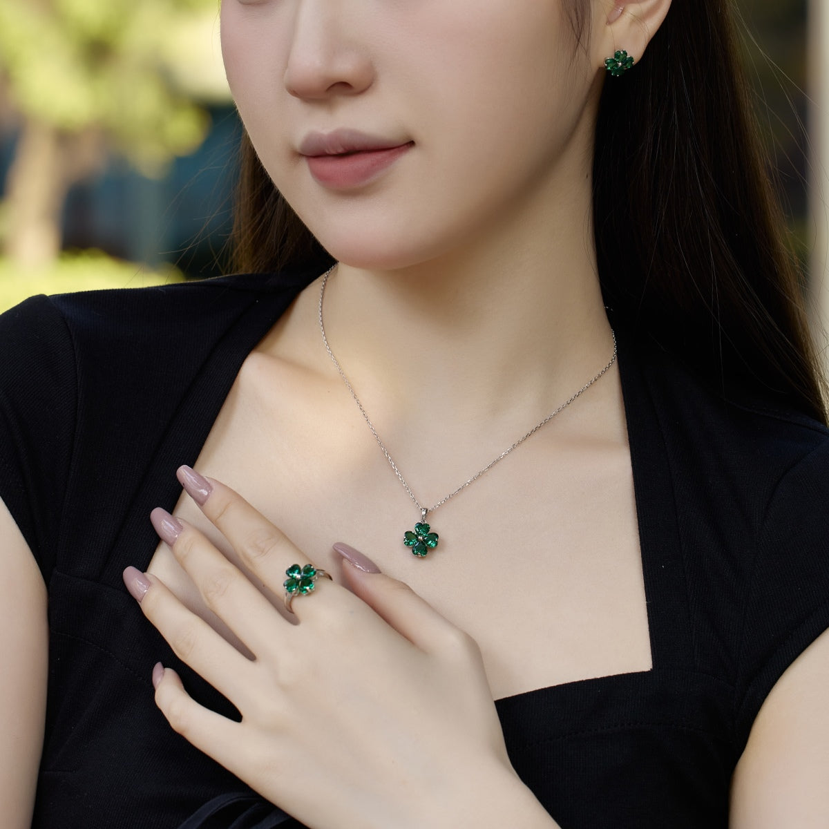 [Olivia Jewelry]Heart-shaped Four-Leaf Clover Ball Ring