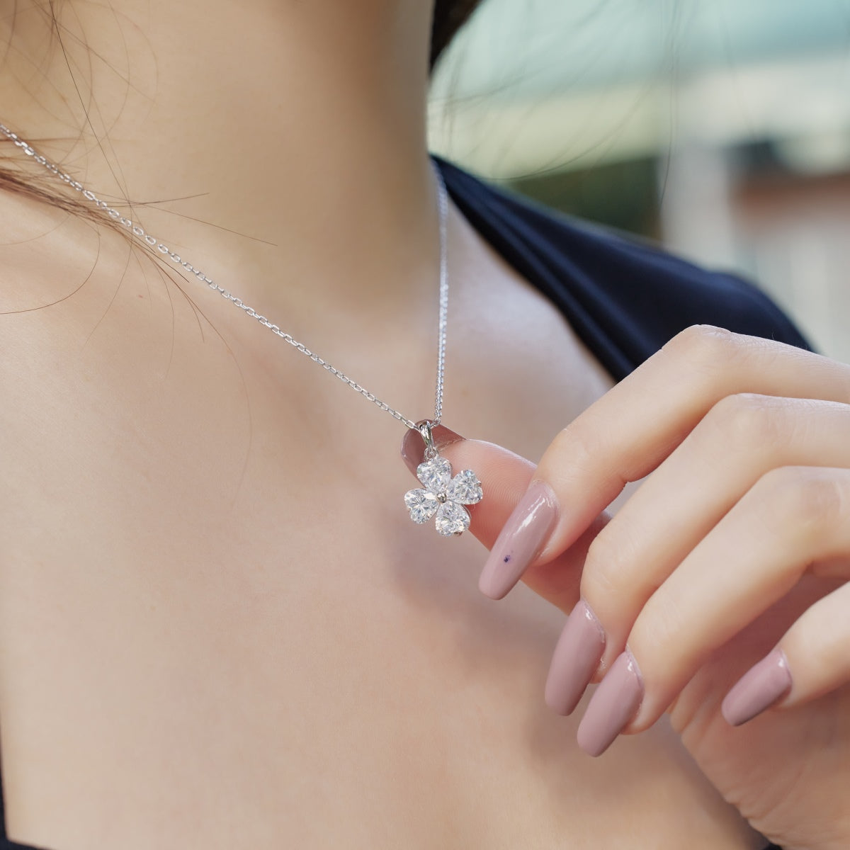 [Olivia Jewelry]Heart-Shaped Four-Leaf Clover Bead Necklace