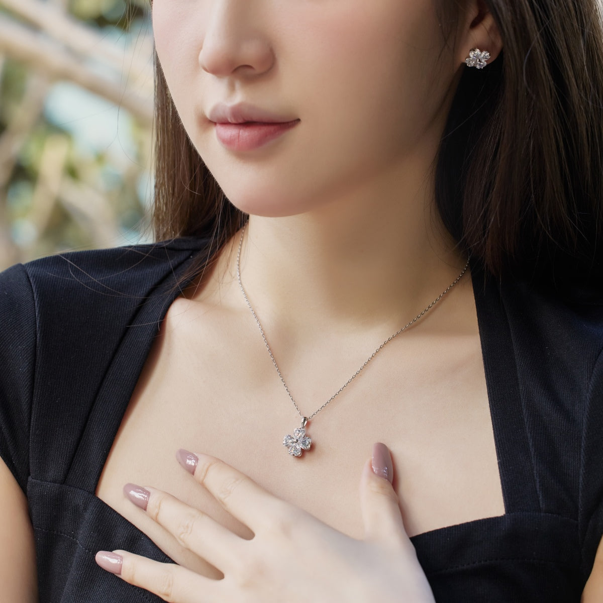 [Olivia Jewelry]Heart-Shaped Four-Leaf Clover Bead Necklace