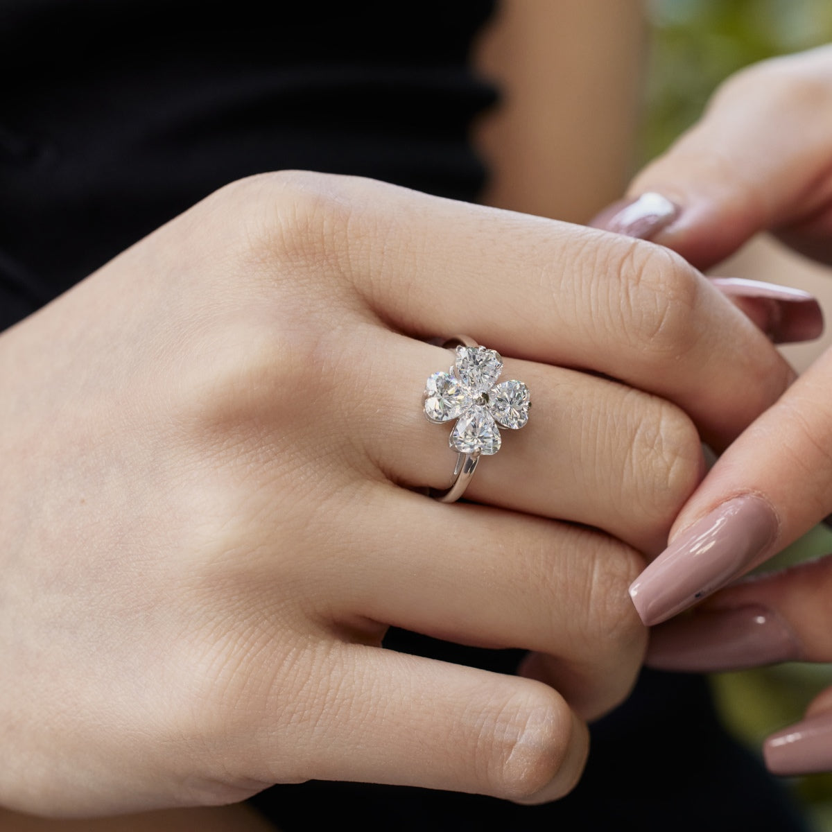 [Olivia Jewelry]Heart-shaped Four-Leaf Clover Ball Ring