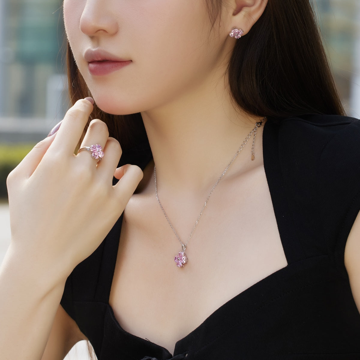 [Olivia Jewelry]Heart-Shaped Four-Leaf Clover Bead Necklace