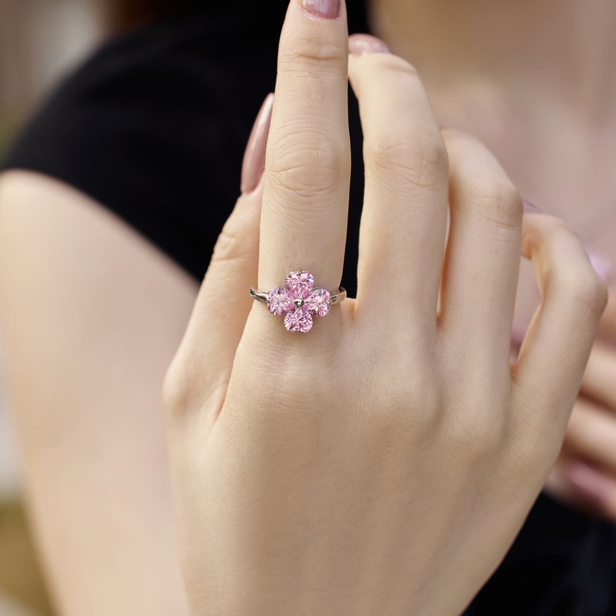[Olivia Jewelry]Heart-shaped Four-Leaf Clover Ball Ring