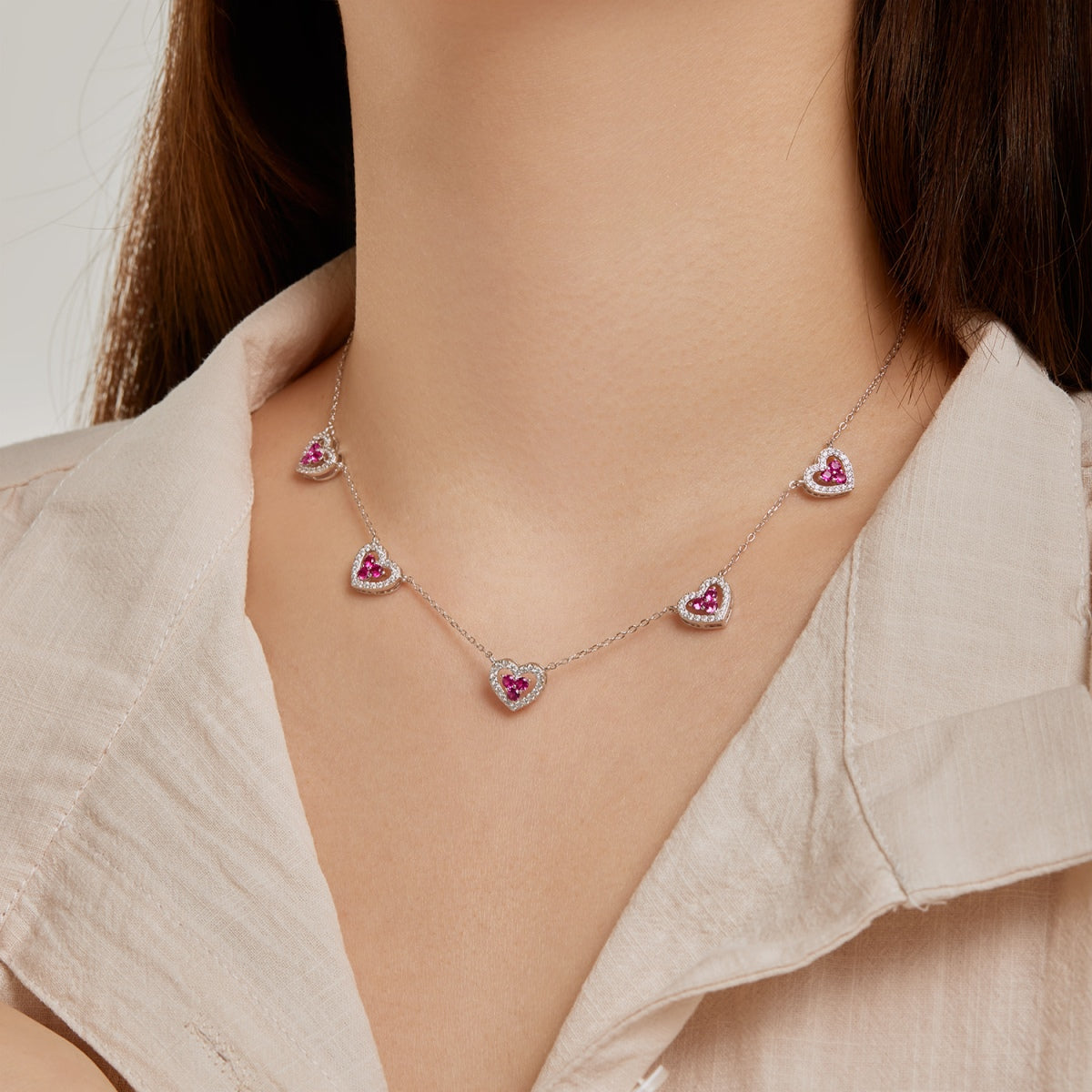 [Olivia Jewelry]Sparkling Five Heart Necklace