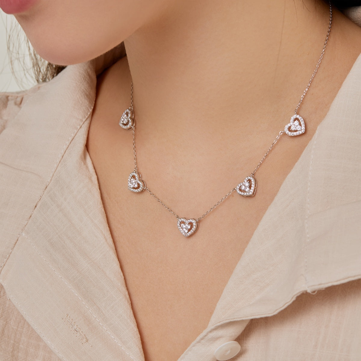 [Olivia Jewelry]Sparkling Five Heart Necklace