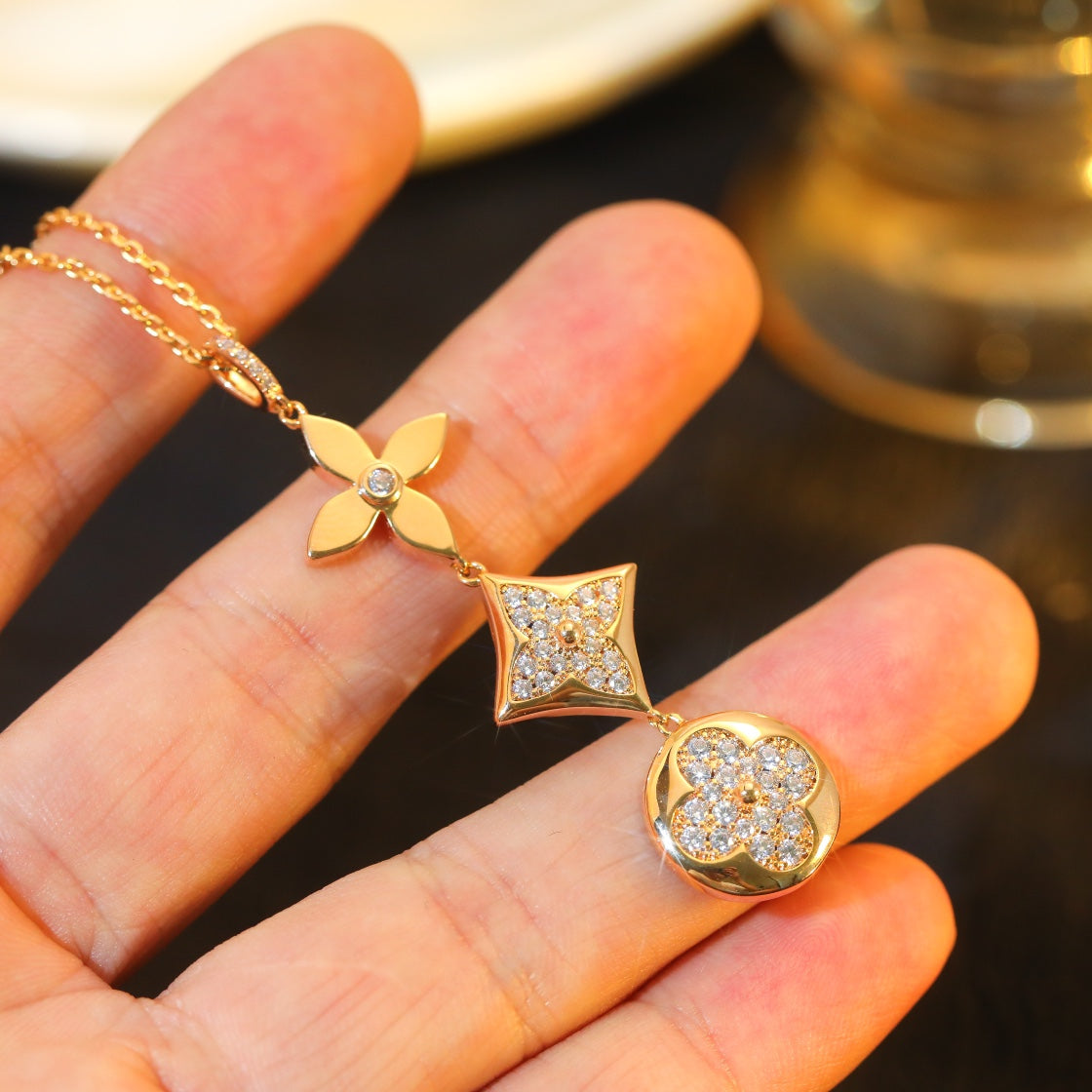 [Olivia Jewelry]STAR AND SUN DIAMOND PINK GOLD NECKLACE