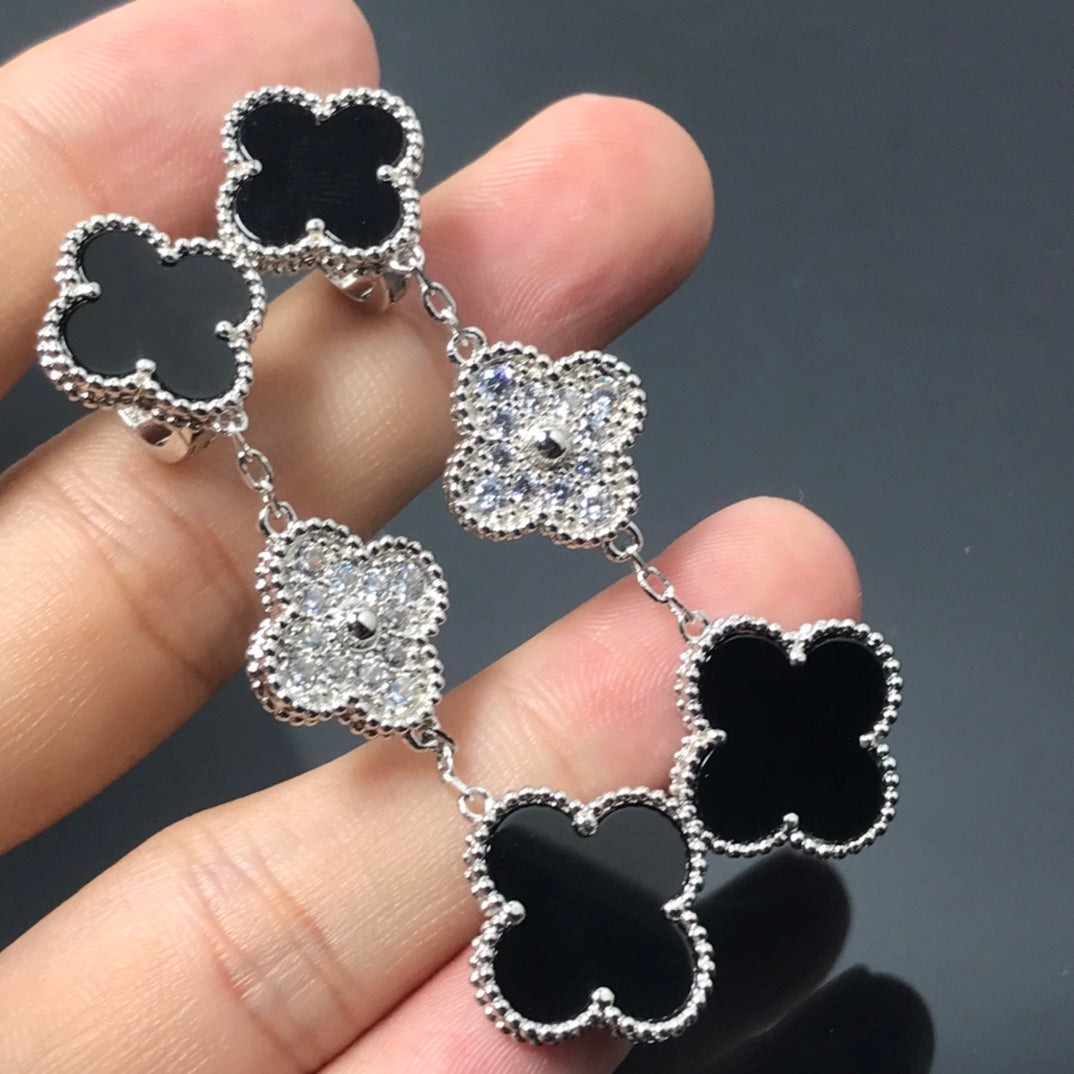 [Olivia Jewelry]CLOVER 3 MOTIF DIAMOND ONYX SILVER EARRINGS