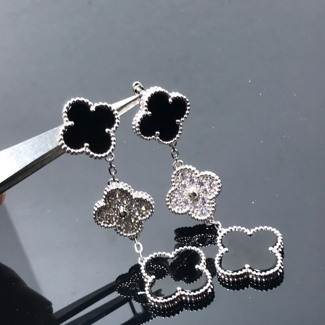 [Olivia Jewelry]CLOVER 3 MOTIF DIAMOND ONYX SILVER EARRINGS