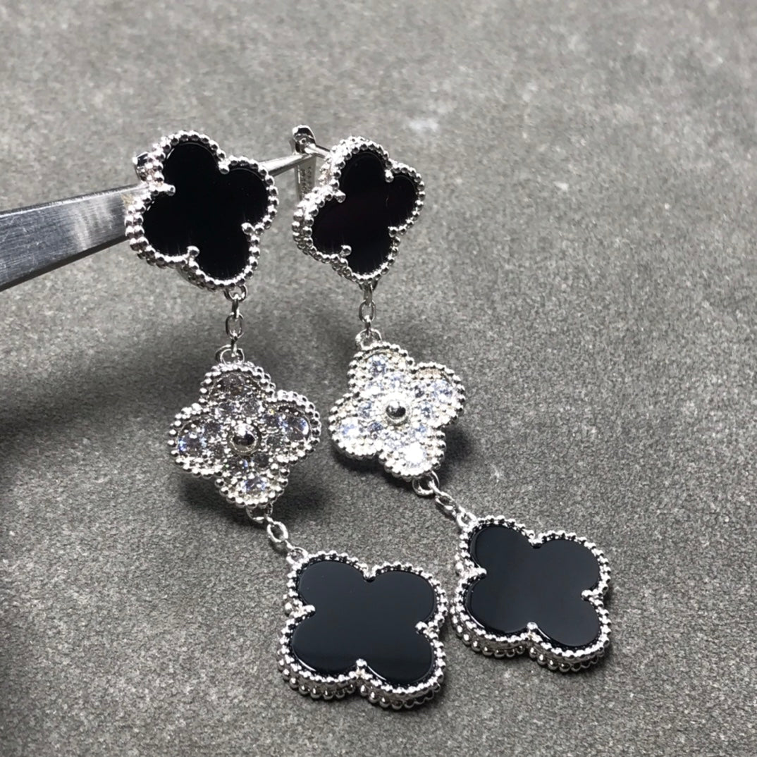 [Olivia Jewelry]CLOVER 3 MOTIF DIAMOND ONYX SILVER EARRINGS