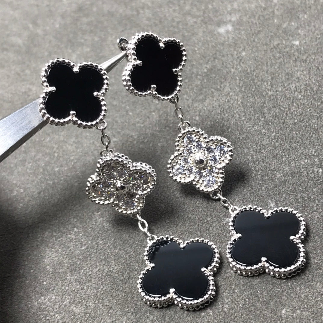 [Olivia Jewelry]CLOVER 3 MOTIF DIAMOND ONYX SILVER EARRINGS
