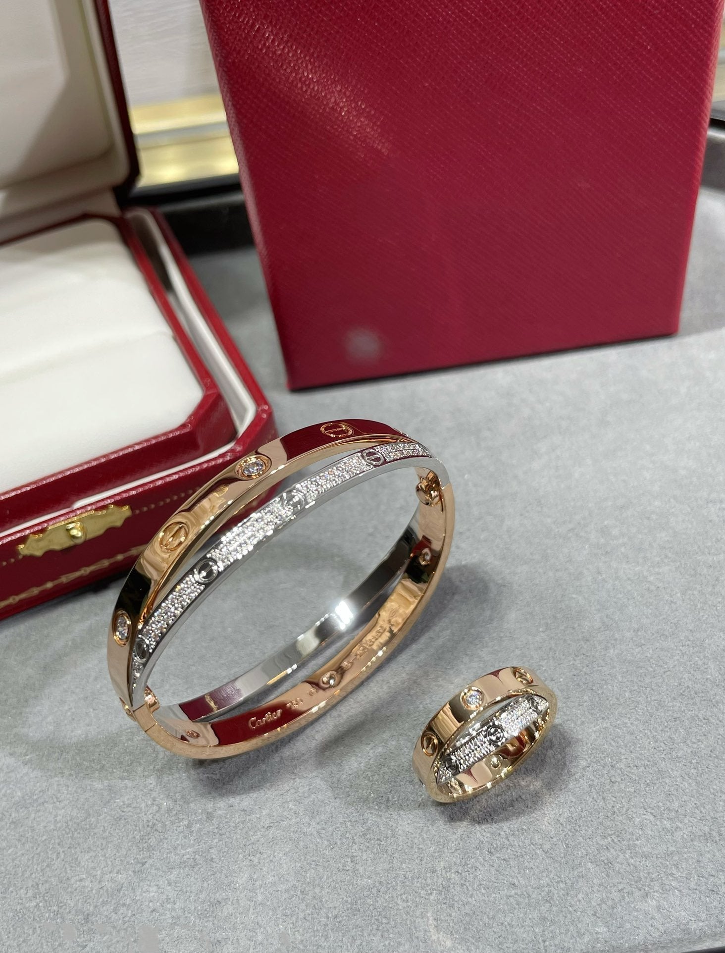 [Olivia Jewelry]LOVE PINK GOLD SILVER DIAMOND DOUBLE RING