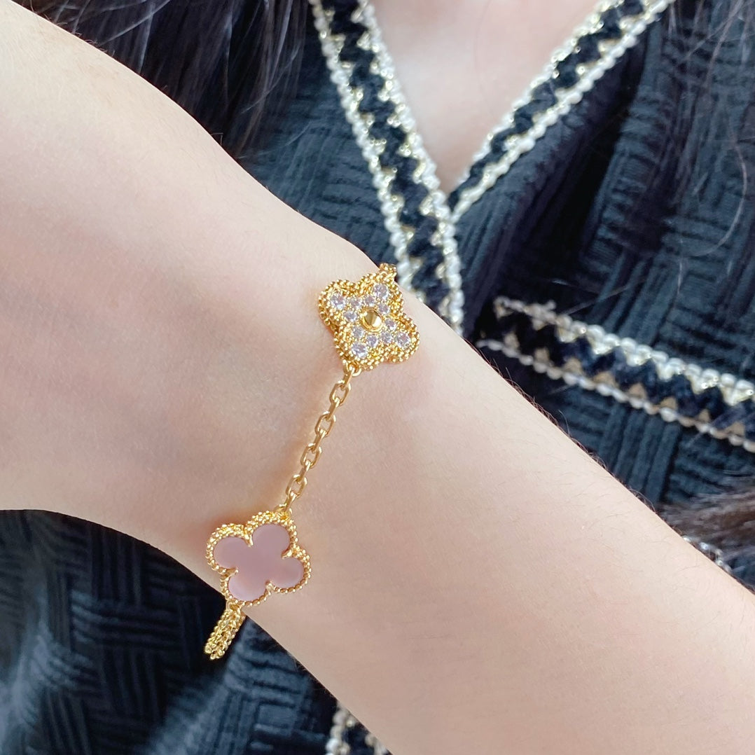[Olivia JW]CLOVER 5 MOTIF DIAMOND PINK MOP PINK GOLD BRACELET