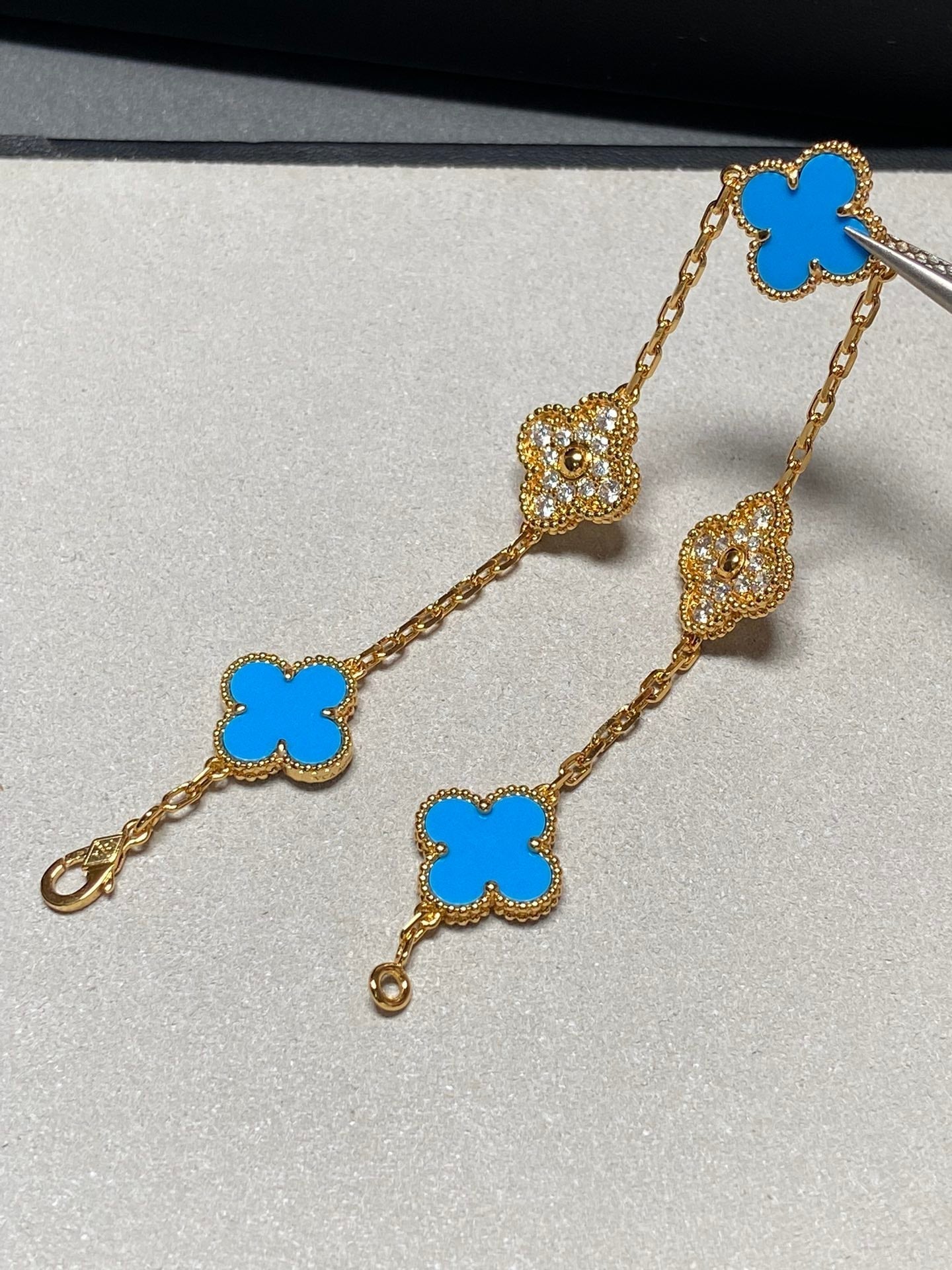 [Olivia JW]CLOVER 5 MOTIF BLUE CHALCEDONY DIAMOND GOLD BRACELET