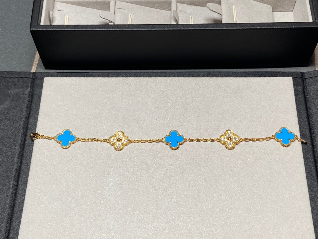 [Olivia JW]CLOVER 5 MOTIF BLUE CHALCEDONY DIAMOND GOLD BRACELET