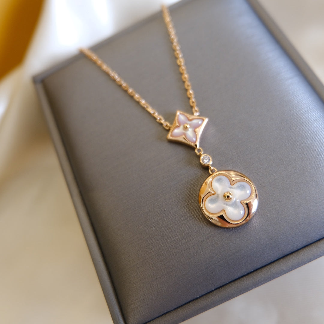 [Olivia Jewelry]STAR AND SUN WHITE MOP 2 MOTIF PINK GOLD NECKLACE