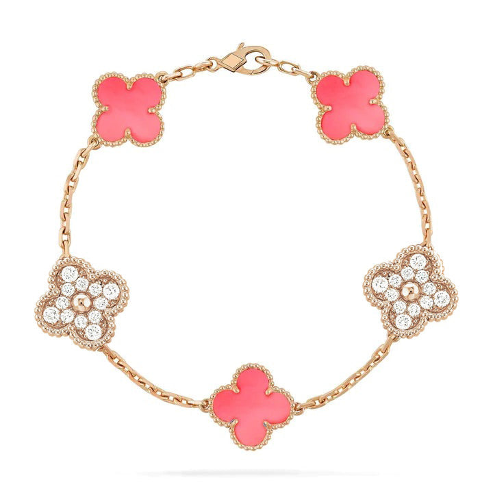 [Olivia JW]CLOVER 5 MOTIF DIAMOND PINK MOP PINK GOLD BRACELET