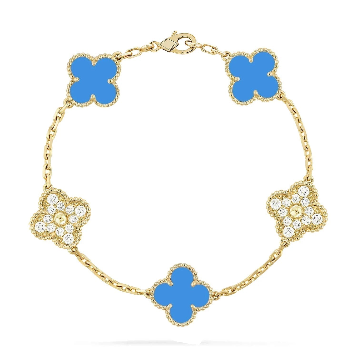 [Olivia JW]CLOVER 5 MOTIF BLUE CHALCEDONY DIAMOND GOLD BRACELET