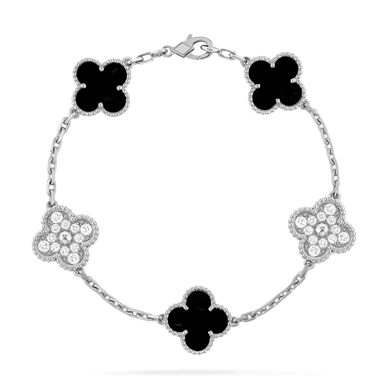 [Olivia JW]CLOVER 5 MOTIF ONYXS DIAMOND BRACELET SILVER