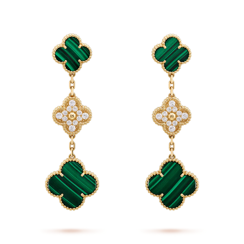[Olivia Jewelry]CLOVER EARRINGS GOLD MALACHITE DIAMOND 3 MOTIF